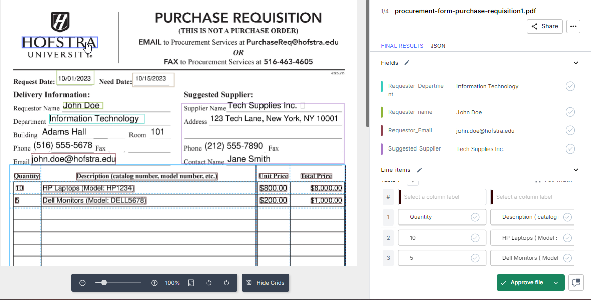 Nanonets' OCR extracting data from a purchase requisition received via email