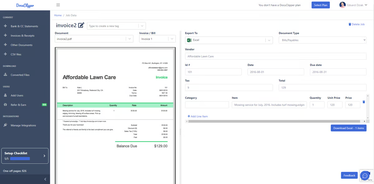 Using DocuClipper to extract and turn invoices into organized data