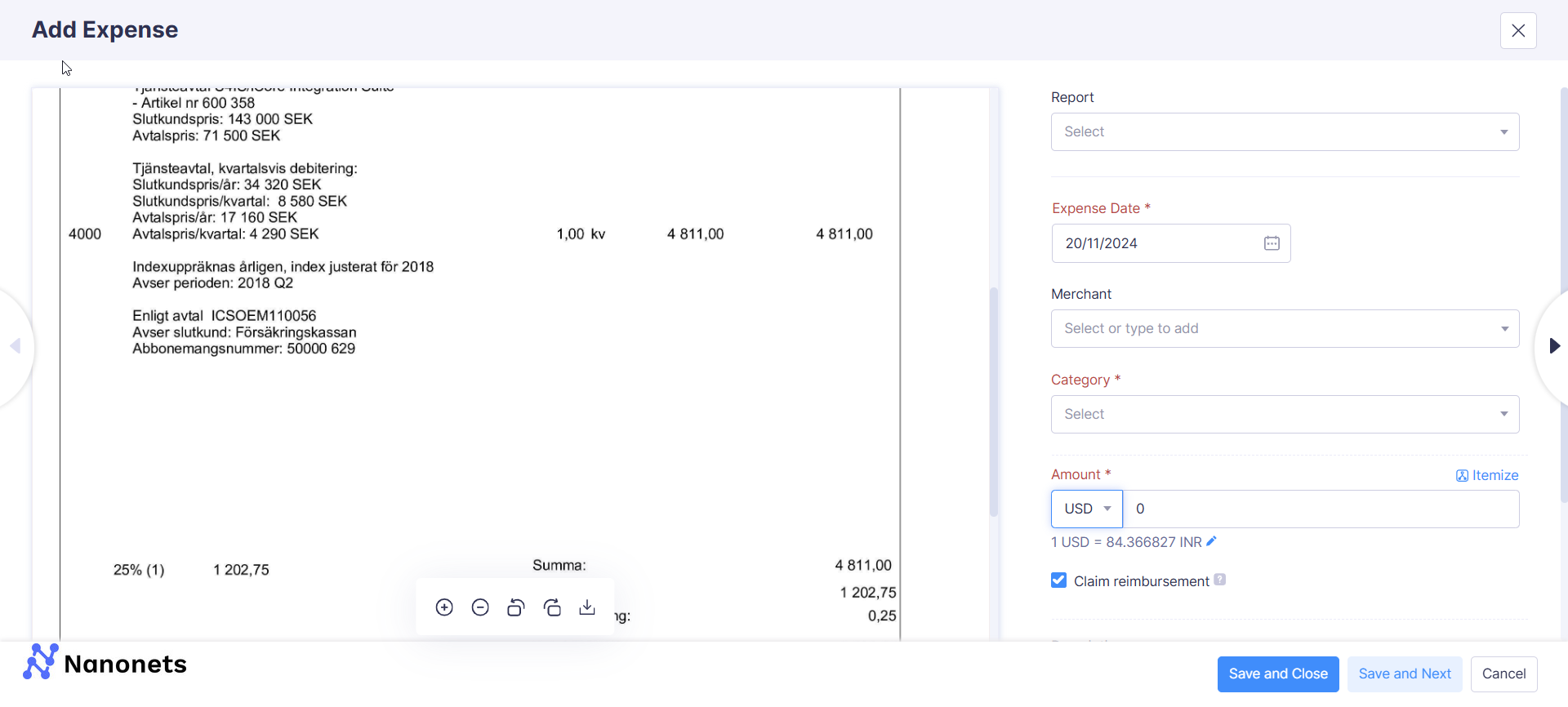 Zoho Expense for receipt scanning