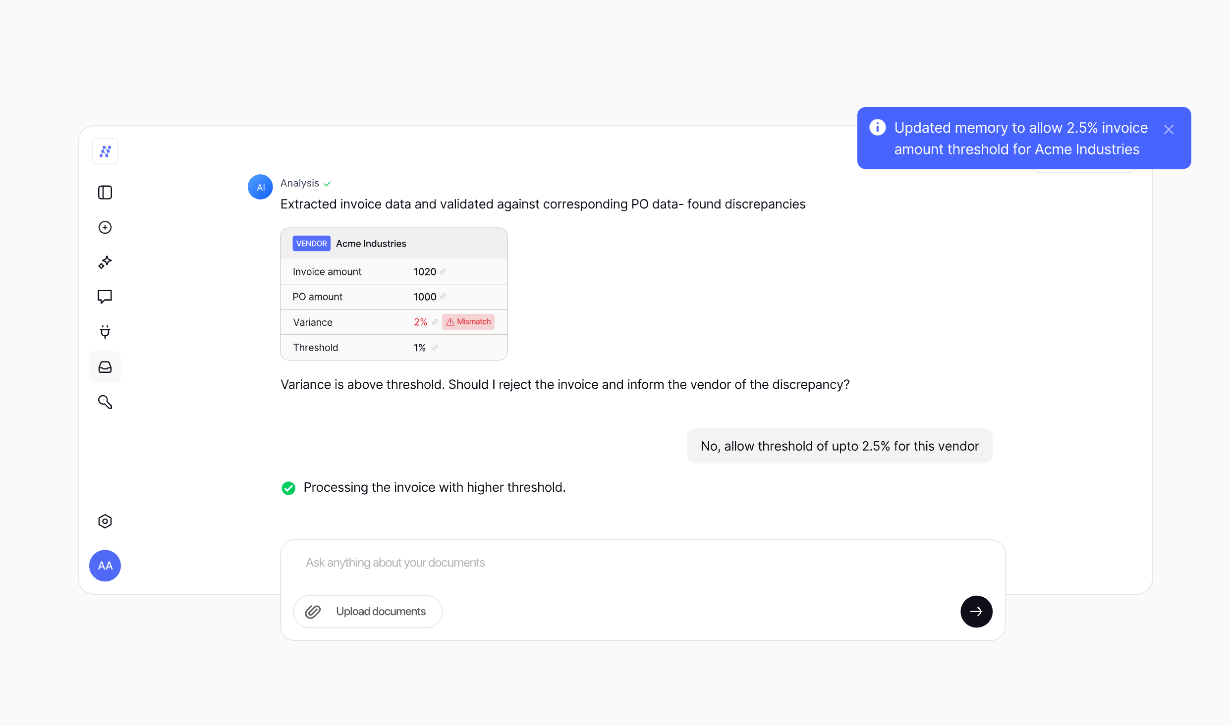 Onboarding analysis chat showing invoice extraction with threshold dialog